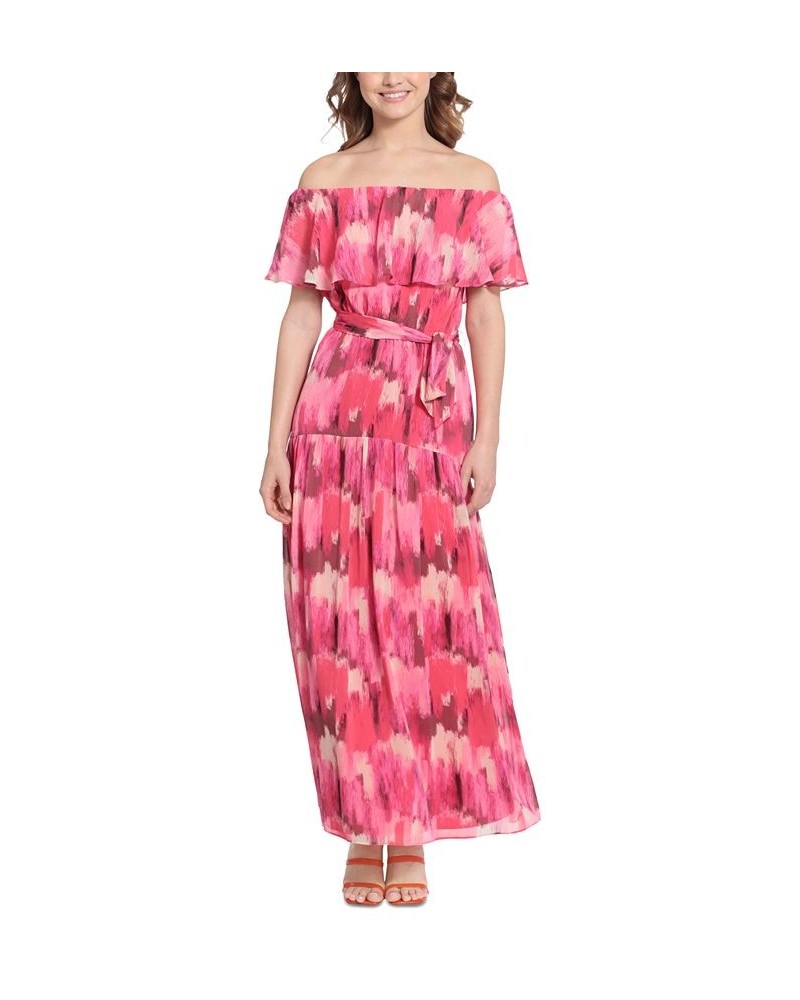 Women's Printed Off-The-Shoulder Maxi Dress Cream/coral Paradise $69.56 Dresses