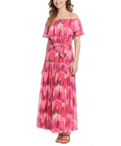 Women's Printed Off-The-Shoulder Maxi Dress Cream/coral Paradise $69.56 Dresses