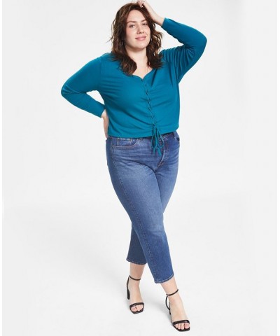 Trendy Plus Size Ribbed V-Neck Lace-Up Top Blue $10.64 Tops