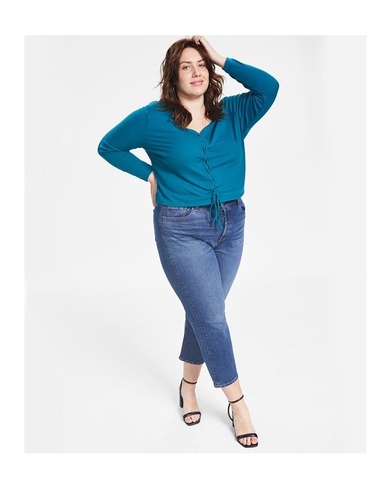 Trendy Plus Size Ribbed V-Neck Lace-Up Top Blue $10.64 Tops