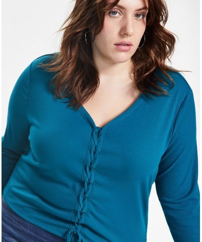 Trendy Plus Size Ribbed V-Neck Lace-Up Top Blue $10.64 Tops