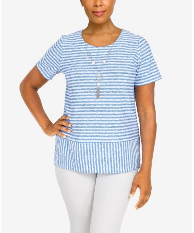Petite Classics Stripe Texture Knit Top with Necklace Periwinkle $29.03 Tops