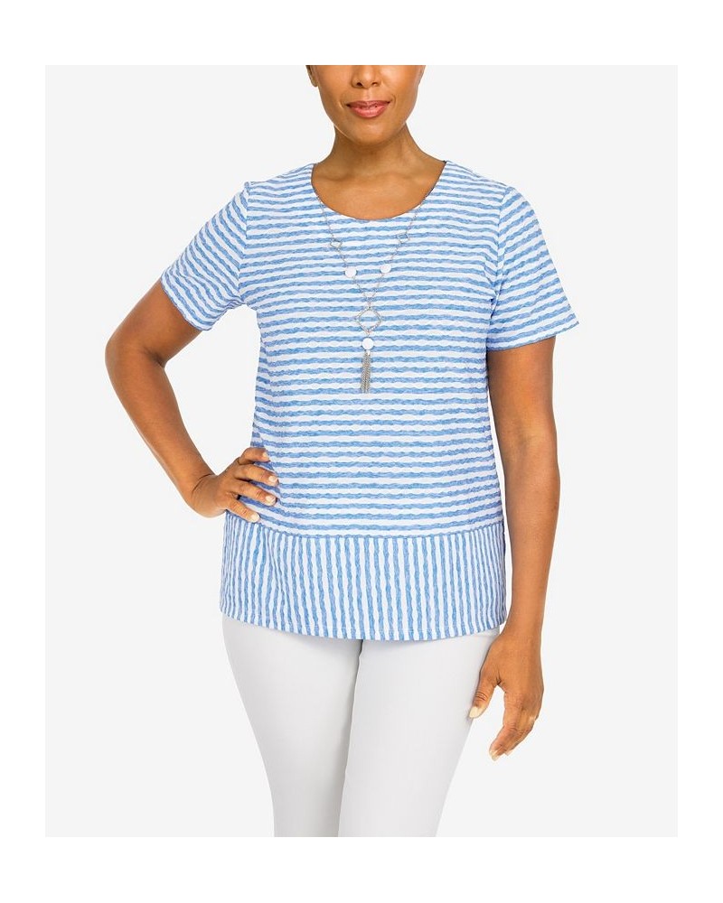 Petite Classics Stripe Texture Knit Top with Necklace Periwinkle $29.03 Tops