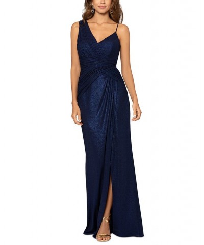 Women's Ruched-Shoulder Glitter-Detail Gown Navy $118.49 Dresses