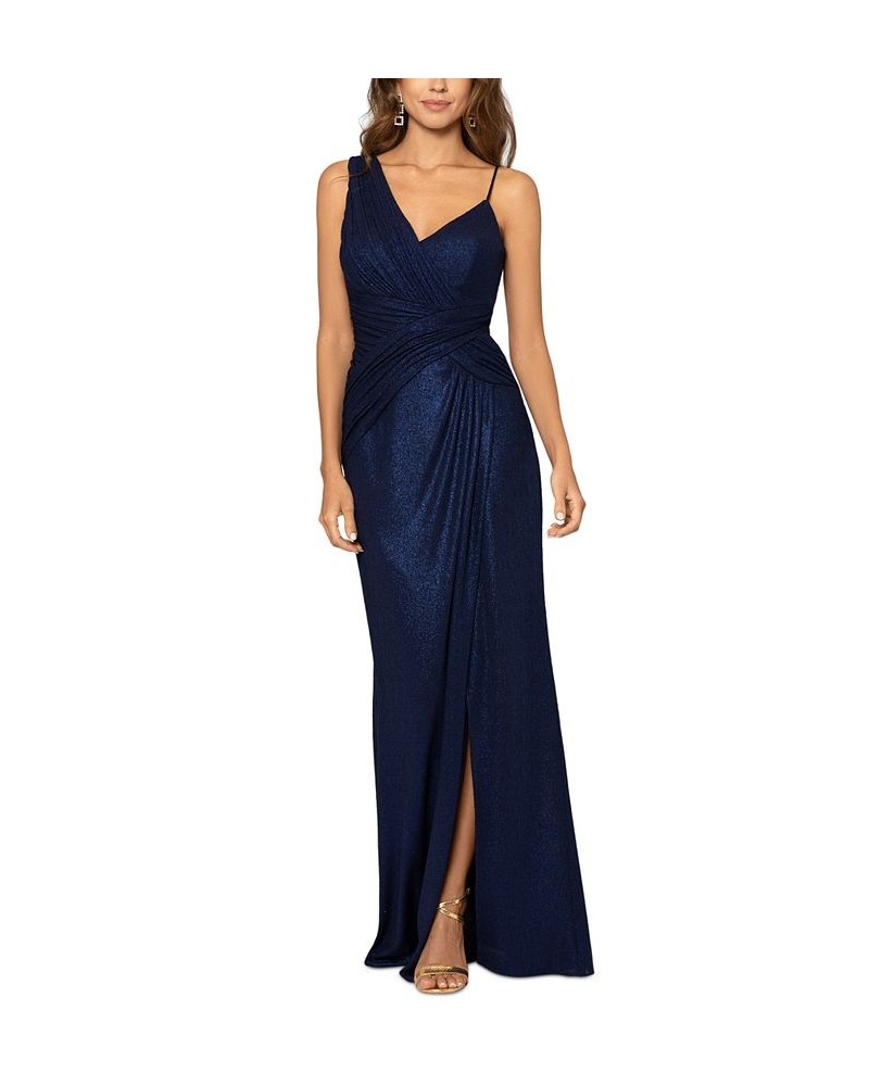 Women's Ruched-Shoulder Glitter-Detail Gown Navy $118.49 Dresses