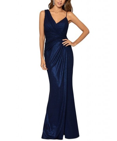 Women's Ruched-Shoulder Glitter-Detail Gown Navy $118.49 Dresses