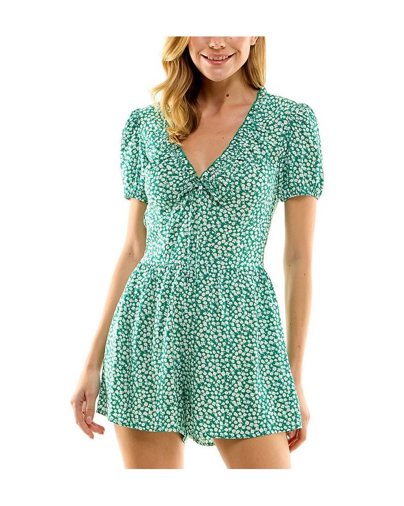 Juniors' Floral-Print Puff-Sleeve V-Neck Romper Green Ivory $13.34 Shorts