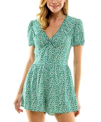 Juniors' Floral-Print Puff-Sleeve V-Neck Romper Green Ivory $13.34 Shorts