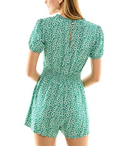 Juniors' Floral-Print Puff-Sleeve V-Neck Romper Green Ivory $13.34 Shorts