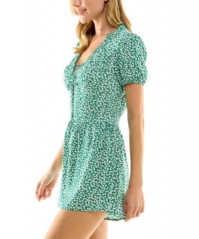 Juniors' Floral-Print Puff-Sleeve V-Neck Romper Green Ivory $13.34 Shorts