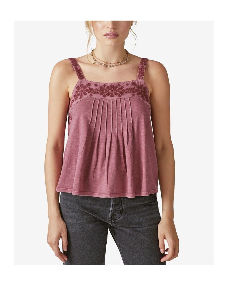 Women's Cotton Embroidered Tank Top Red $36.57 Tops