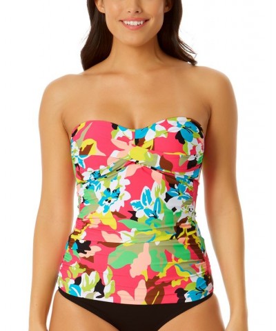 Women's Printed Twist-Front Shirred Tankini Top Pink Multi Foral $45.36 Swimsuits