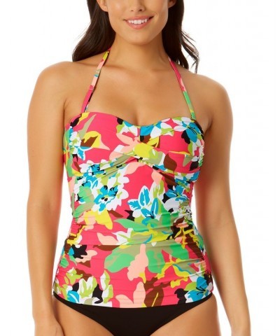 Women's Printed Twist-Front Shirred Tankini Top Pink Multi Foral $45.36 Swimsuits