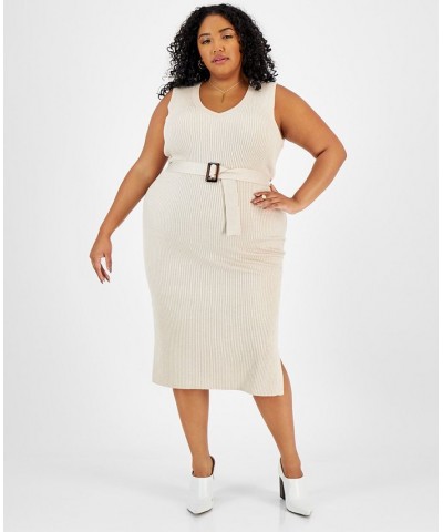 Plus Size Belted Sweater Dress Ivory/Cream $16.56 Dresses