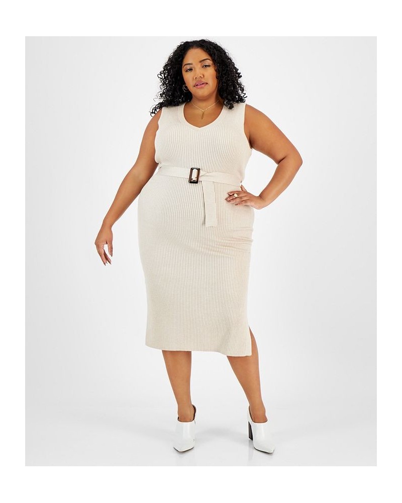 Plus Size Belted Sweater Dress Ivory/Cream $16.56 Dresses