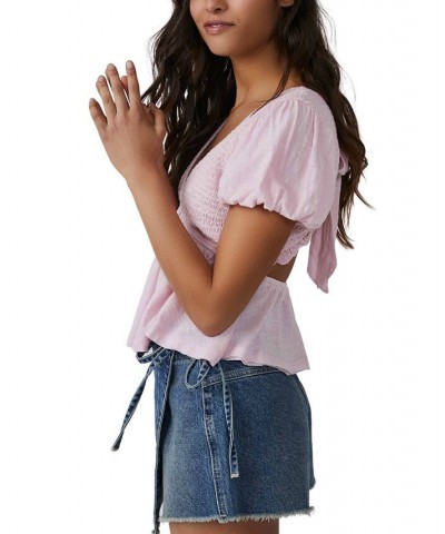 Women's Charlotte Cotton Smocked Tie-Back Top Pink $36.66 Tops