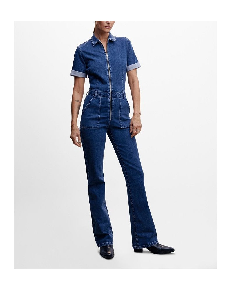 Women's Zipper Denim Jumpsuit Dark Blue $35.20 Pants