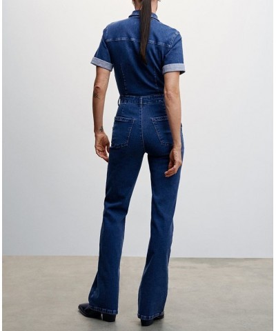 Women's Zipper Denim Jumpsuit Dark Blue $35.20 Pants