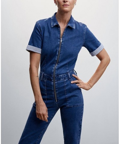 Women's Zipper Denim Jumpsuit Dark Blue $35.20 Pants