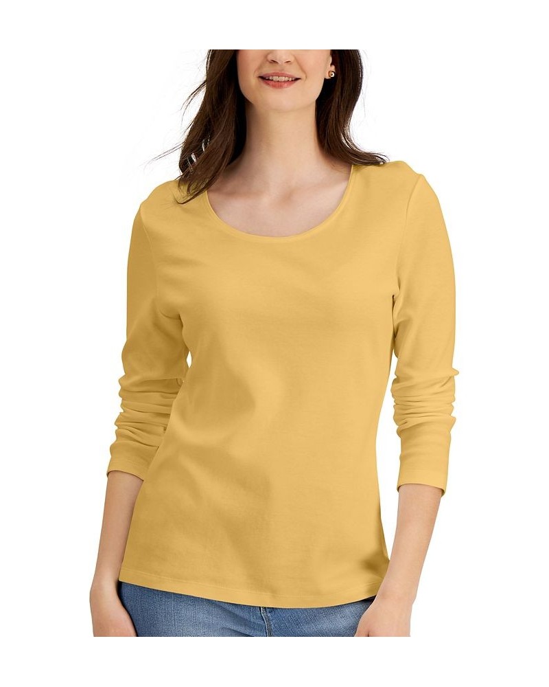 Long Sleeve Cotton Scoop-Neckline Top Tan/Beige $10.99 Tops