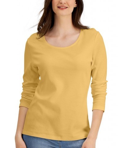 Long Sleeve Cotton Scoop-Neckline Top Tan/Beige $10.99 Tops