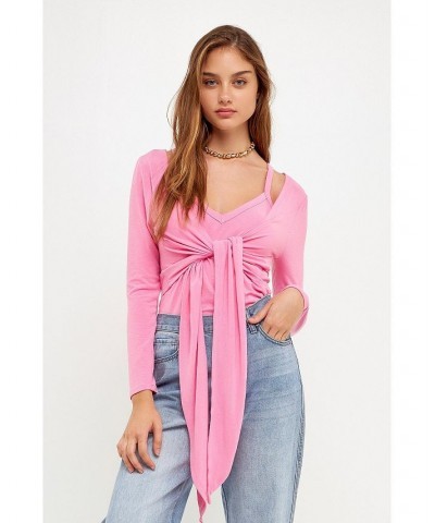 Women's Two Piece Set Cardigan Cami Pink $36.80 Tops