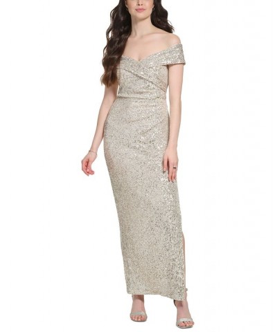 Women's Off-The-Shoulder Sequin Column Gown Silver $113.98 Dresses