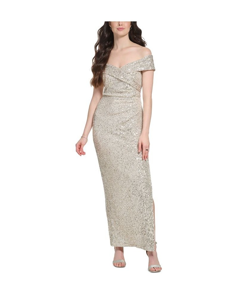 Women's Off-The-Shoulder Sequin Column Gown Silver $113.98 Dresses