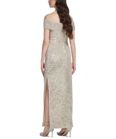 Women's Off-The-Shoulder Sequin Column Gown Silver $113.98 Dresses