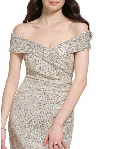 Women's Off-The-Shoulder Sequin Column Gown Silver $113.98 Dresses