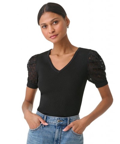 Women's Short Lace Sleeve Sweater Black $29.94 Sweaters