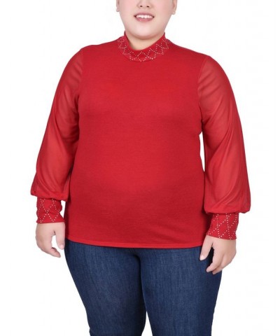 Plus Size Long Mesh Sleeve Pullover Top with Jewels Red $11.97 Tops
