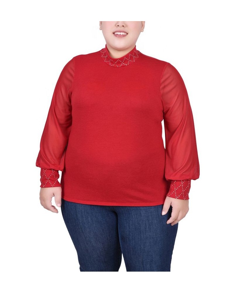 Plus Size Long Mesh Sleeve Pullover Top with Jewels Red $11.97 Tops