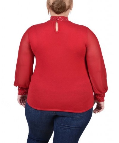 Plus Size Long Mesh Sleeve Pullover Top with Jewels Red $11.97 Tops