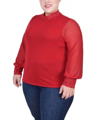 Plus Size Long Mesh Sleeve Pullover Top with Jewels Red $11.97 Tops