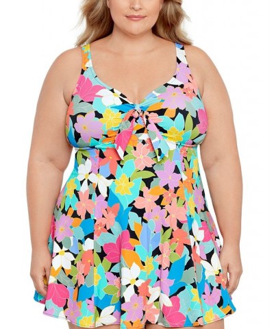 Plus Size Tummy Control Bow-Front Printed Swimdress Floral Frenzy $44.88 Swimsuits