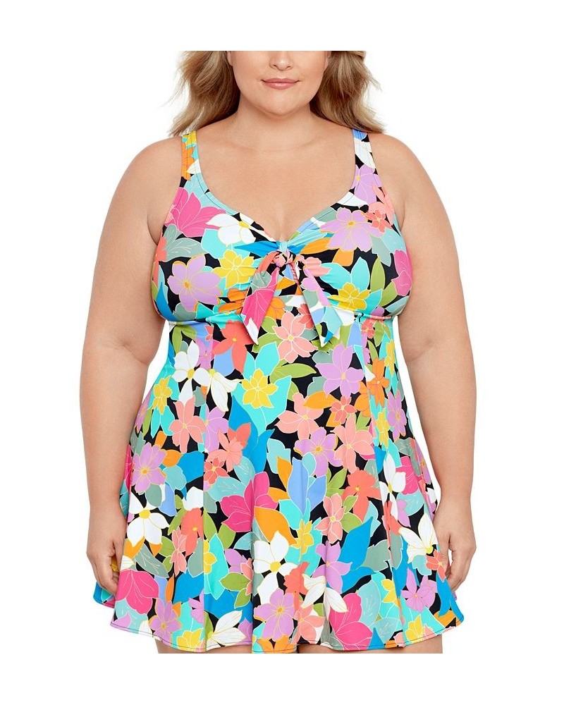 Plus Size Tummy Control Bow-Front Printed Swimdress Floral Frenzy $44.88 Swimsuits