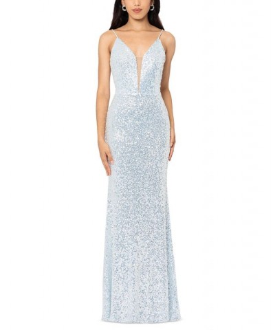 Women's Sequined V-Neck Gown Light Blue Silver $108.19 Dresses