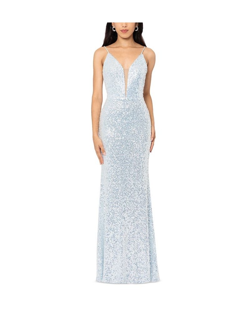 Women's Sequined V-Neck Gown Light Blue Silver $108.19 Dresses