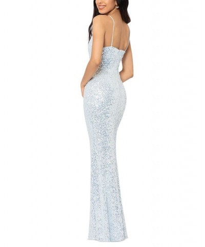 Women's Sequined V-Neck Gown Light Blue Silver $108.19 Dresses