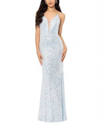 Women's Sequined V-Neck Gown Light Blue Silver $108.19 Dresses