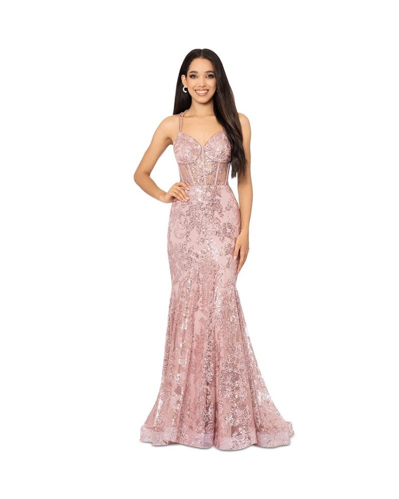 Juniors' Sequined Corset-Bodice Gown Rose $61.16 Dresses