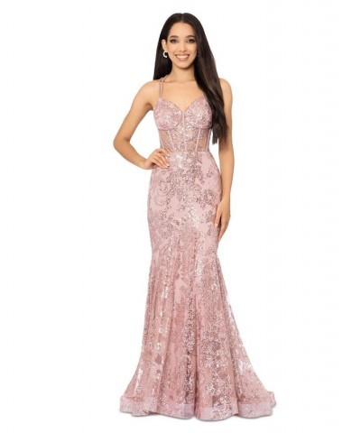 Juniors' Sequined Corset-Bodice Gown Rose $61.16 Dresses