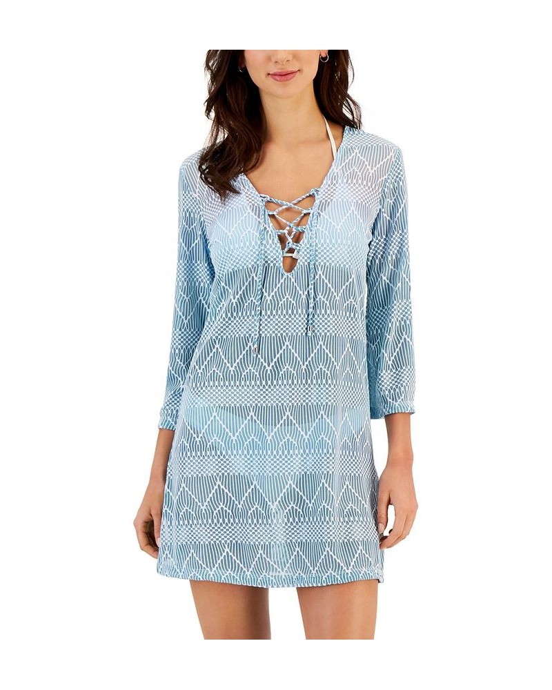 Women's Sheer Lace-Up Tunic Cover-Up Blue $36.72 Swimsuits