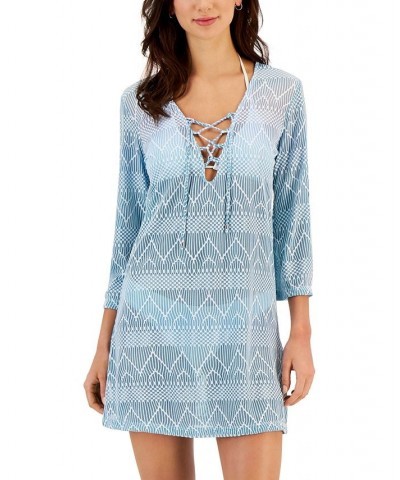 Women's Sheer Lace-Up Tunic Cover-Up Blue $36.72 Swimsuits