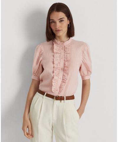 Women's Ruffle-Trim Linen Shirt Pink $55.35 Tops
