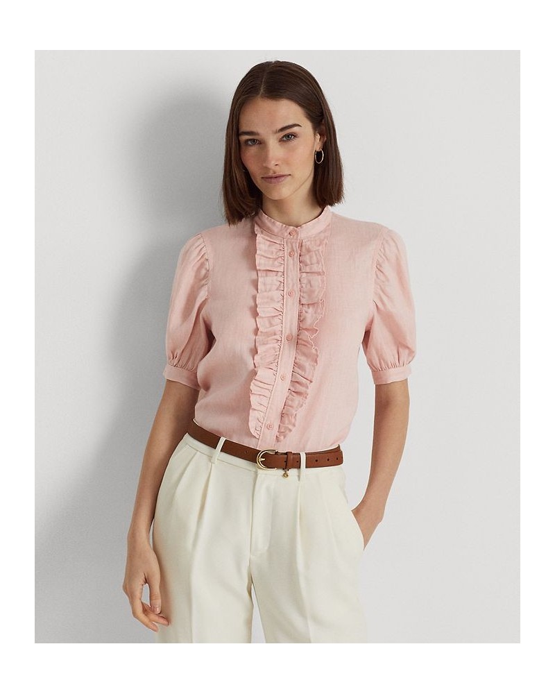 Women's Ruffle-Trim Linen Shirt Pink $55.35 Tops