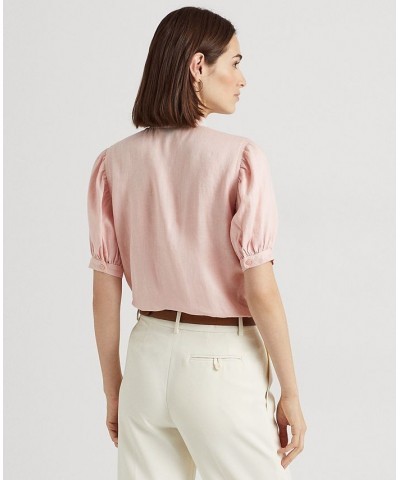 Women's Ruffle-Trim Linen Shirt Pink $55.35 Tops