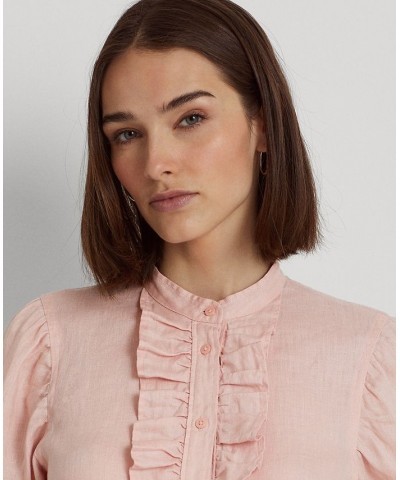 Women's Ruffle-Trim Linen Shirt Pink $55.35 Tops