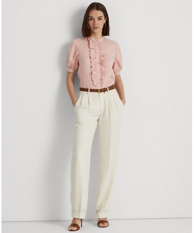 Women's Ruffle-Trim Linen Shirt Pink $55.35 Tops